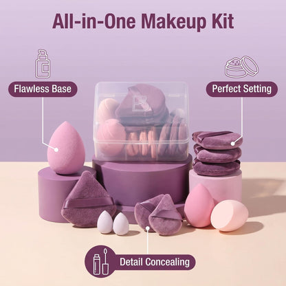 Makeup Sponge Set BS-MALL Triangle Puff 14 Pcs for Liquid, Cream, and Powder, Multi-colored Makeup Sponges and Mini Sponge with Case (A-Purple)