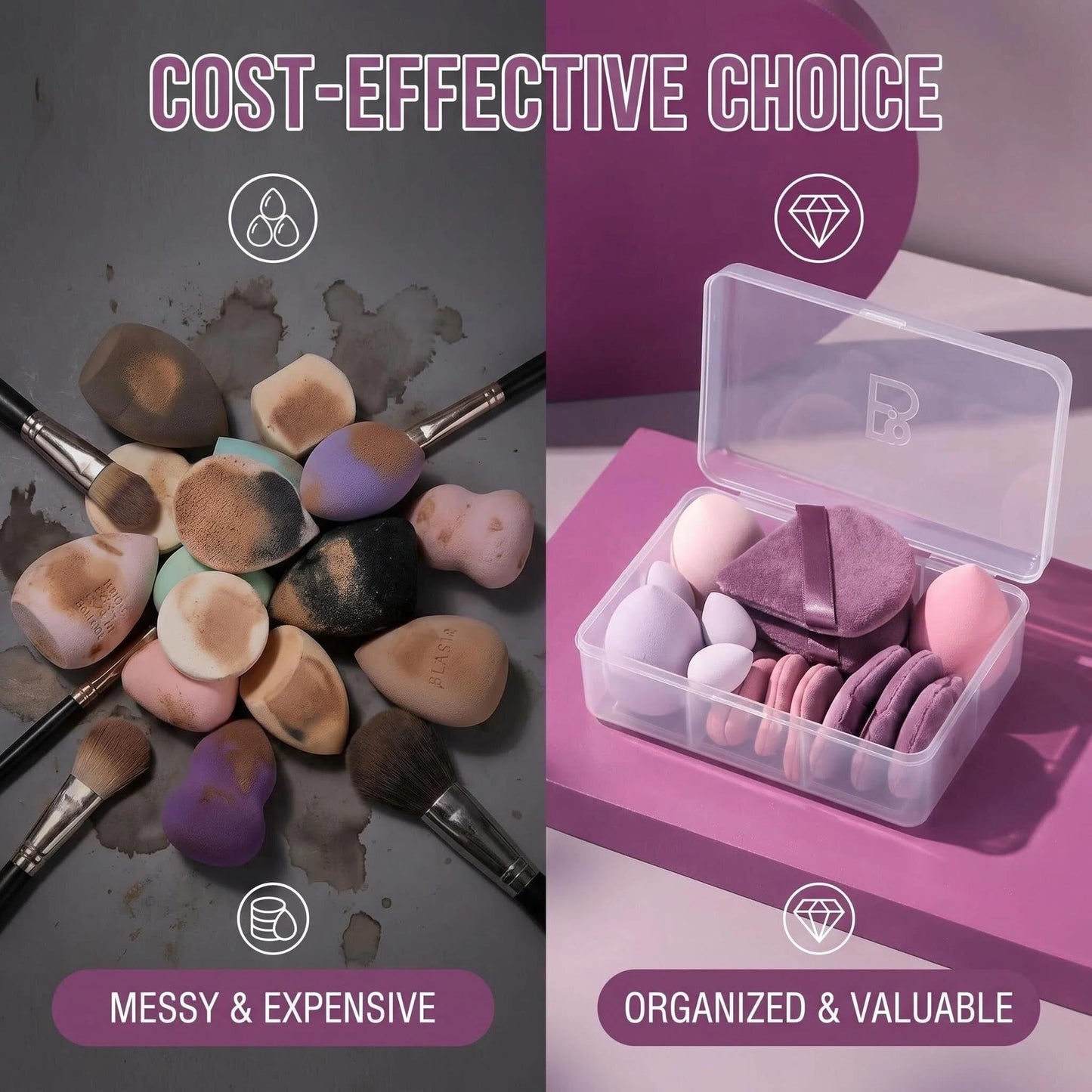 Makeup Sponge Set BS-MALL Triangle Puff 14 Pcs for Liquid, Cream, and Powder, Multi-colored Makeup Sponges and Mini Sponge with Case (A-Purple)